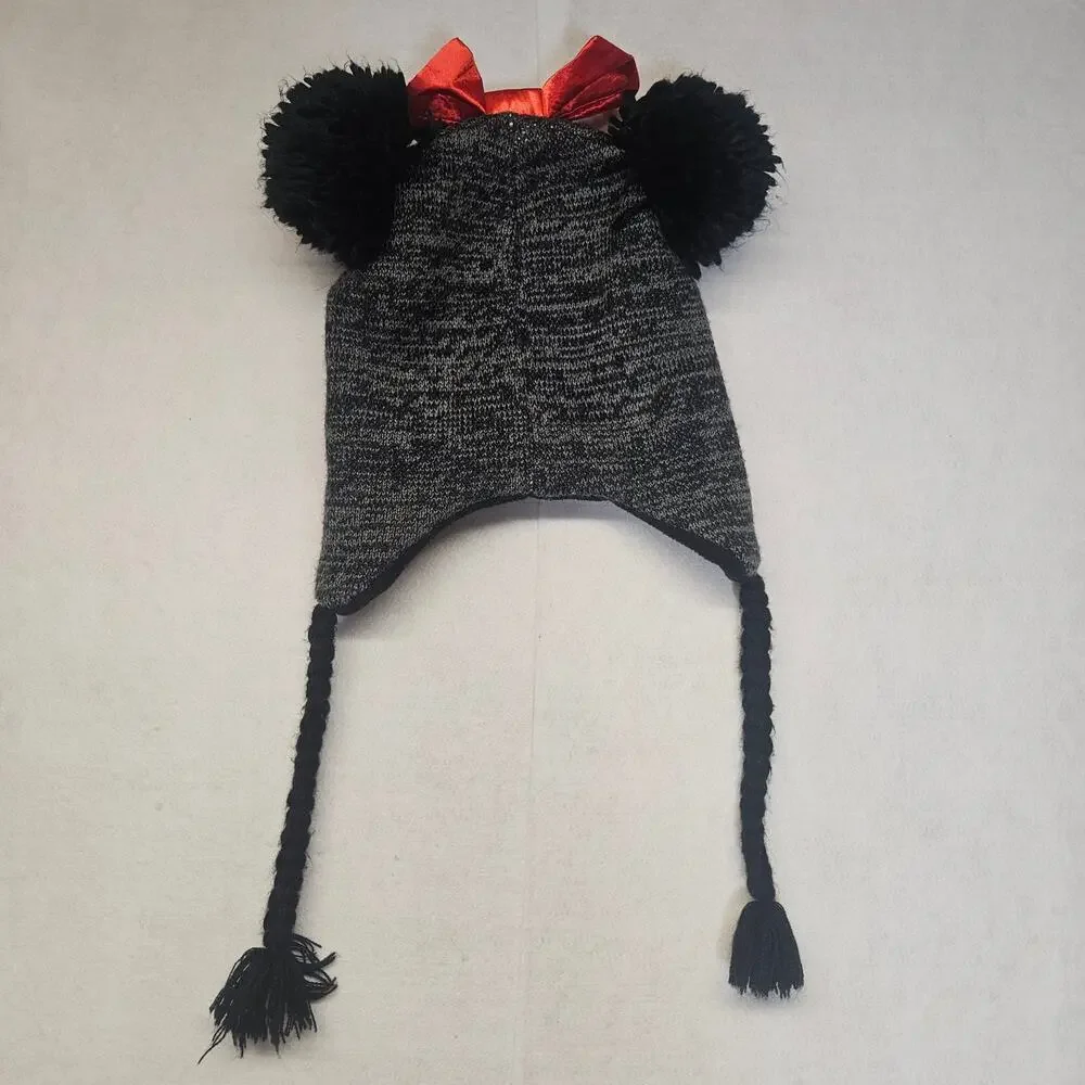 Disney Minnie Mouse Laplander Hat - Black Fleece Lined with Red Satin Bow - OS
